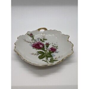 Hand Painted Leaf Shaped Bridgerton Style Trinket Dish Pink Roses Teabag Holder